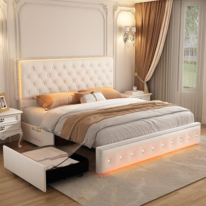Queen LED Bed Frame with 2 Drawers, Storage Platform Beds with Upholstered Crystal Button Tufted Headboard Footboard, 2 Side Pockets, No Box Spring Needed, Velvet Cream