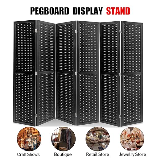 Babion 6 Panel Pegboard Display, Peg Board Room Divider Freestanding Folding Privacy Screens Display Stand for Craft Shows (Black)