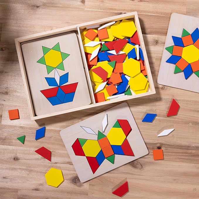 Melissa & Doug Pattern Blocks and Boards with 120 Multi-Colored Wooden Shape Tiles, 5 Double-Sided Puzzle Boards, Tangram Puzzles, Montessori Toys for Girls & Boys