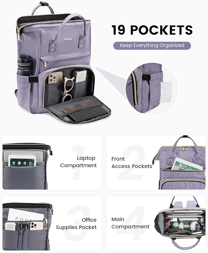 LOVEVOOK College Laptop Backpack, 15.6 Inch Travel Backpack for College, Waterproof Work Backpack Woman for Teacher Nurse Anti-theft Travel Back Pack, Gifts for Women, Purple