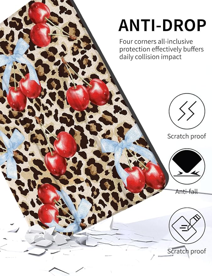 Case for iPad 9th/ 8th/ 7th Generation Case 10.2&amp10.5 Inch (2021/2020/2019 Release) Slim Lightweight Soft Trifold Back Cover with Pencil Holder &amp Auto Sleep/Wake Cover Cherries Cheetah Bows