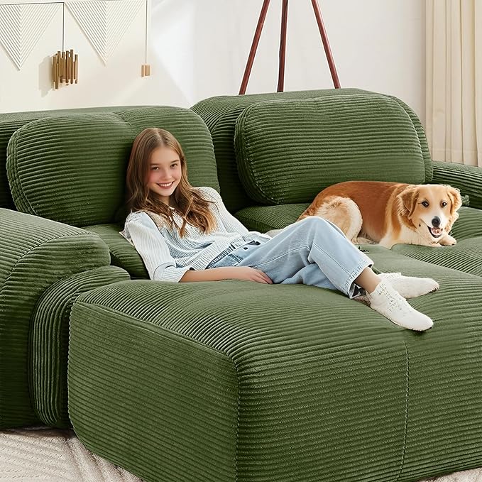 80" Modern Corduroy Boneless Love Seat Couches with 2 Ottomans, 2 Seater Large Sectional Couches for Living Room, Green Cloud Modular Sectional Sofa, Memory Foam, Extra Deep Loveseat, No Assembly