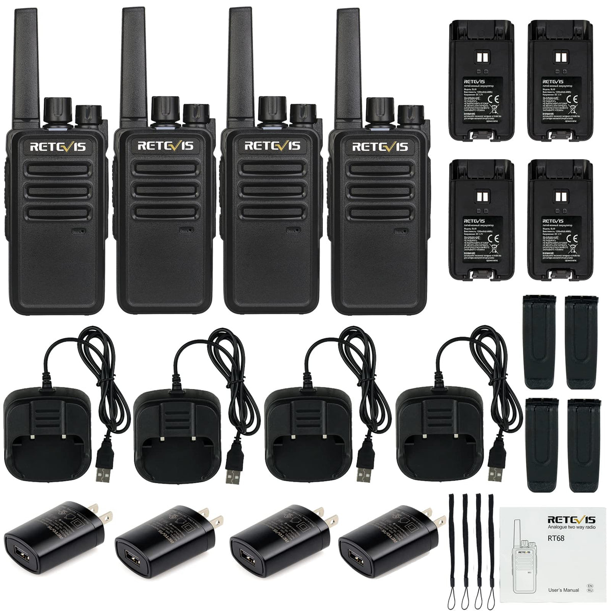 Retevis RT68 Walkie Talkies for Adults, 2 Way Radios Long Range, Hands Free, 1200mAh Battery, Portable Walkie Talkie Rechargeable with USB Charging Base, for Hunting Hiking (4 Pack)