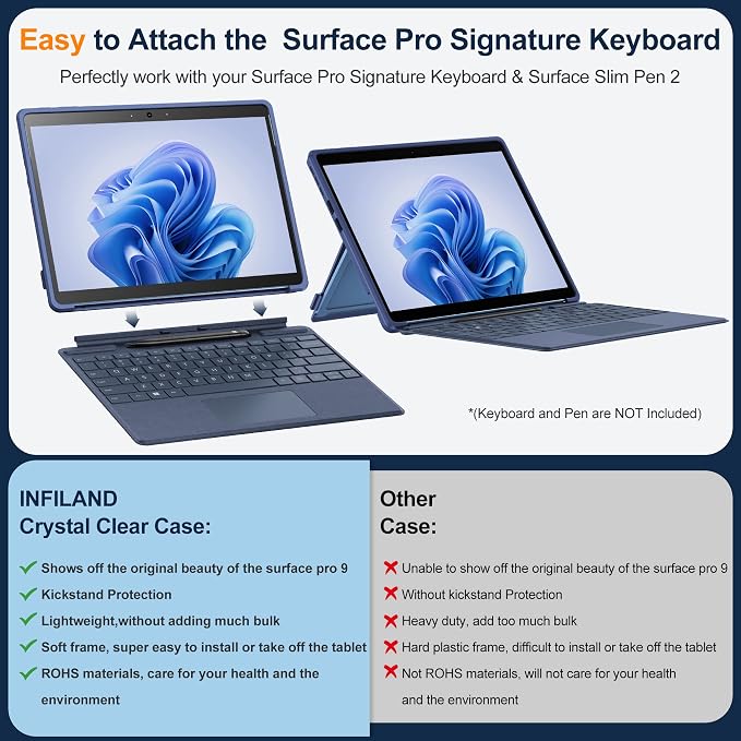 INFILAND Surface Pro 11/10/9 Case Crystal Clear Multi-Angle Shockproof for Microsoft Surface Pro 11th Edition AI 2024 Work with Surface Pro Signature Keyboard &amp Slim Pen 2 Mysterious Black