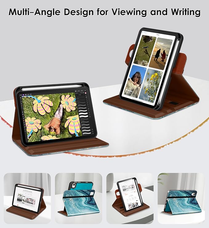 DTTO for iPad mini 7 A17 Pro 2024 aslo fit iPad mini 6 2021 Brown | 360 Degree Rotating Premium Faux Leather Folio Stand Cover with Pencil Holder Auto Sleep/Wake Multiple Angles Hand Strap