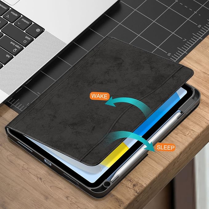 for iPad 10th Generation Case 10.9 inch 2022 with Pencil Holder PU Leather Smart ipad 11th A16 11inch Cover Model: A2696 /A2757 / A2777 Auto Sleep/WakeBlack