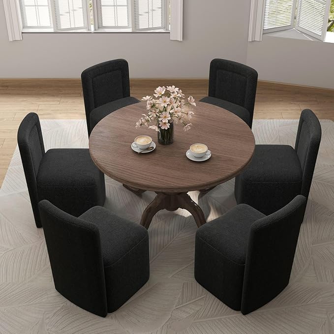 Black Upholstered Dining Chairs Set of 6, Armless Modern Sherpa Dining Chairs with High Back, Kitchen Chair for Dining Room/Restaurant/Living Room