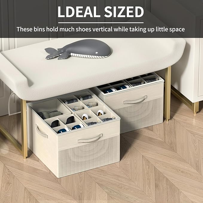 Aokeyee Shoe Organizer for Closet,2 Pack Foldable Shoe Storage Organizer Box Bin with Adjustable Dividers and Clear Cover, Fits up to 16-32 Pairs