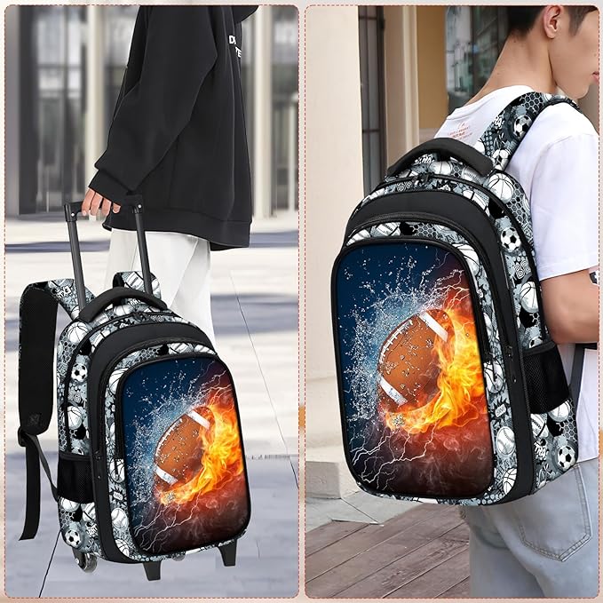 Boys Rolling Backpack for Kids - American Football Kids Rolling Backpack with Wheels for Elementary Middle School Students - Roller School Bookbag Aged 6-18, Wheeled Travel Bag Large Capacity