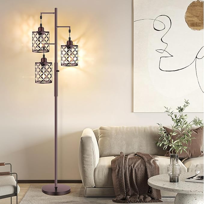 【Upgraded】72" Tall Dimmable Floor Lamp, Farmhouse Standing Lamp with Elegant Metal Cages, Industrial Tree Floor Lamps for Living Room, Bedroom, Study Room, Office (3 x 800LM LED Bulbs Included) -Brown