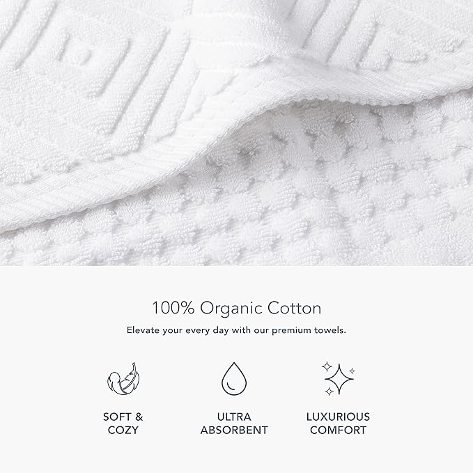 Texere 100% Organic Cotton Diamond Jacquard 700 GSM Luxury Bath Towel Sets - Ultra Soft and Absorbent Hotel and Spa Quality (Diamond, Bright White, 2 Bath & 2 Hand Towels)