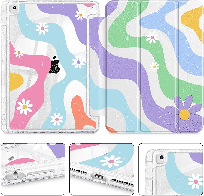 Mektron Sparkly Case for iPad 10.2 inch Glitter Tablet Cases for iPad 9th Gen 2021/8th Gen 2020/7th Gen 2019 Cover with Shiny Clear Back Shell Foldable Bling Smart Cover Blue Floral
