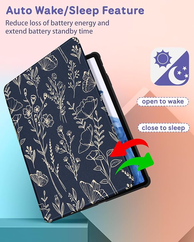 Wazzasoft for Samsung Galaxy Tab S7/S7 Plus/S8 Plus Case - 12.4 Inch Folio Cover with Pencil Holder - Women/Girl Cute Girly Black Flower Unique Design - Rotating Tablet Case
