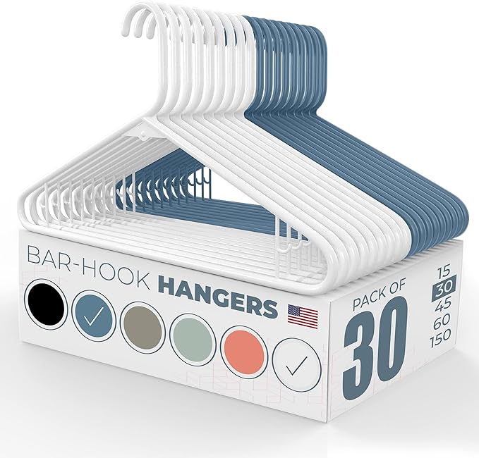 Neaties Plastic Hangers 30 Pack – Made in the USA – 6lb Capacity Standard Clothes Hangers with Strap Hooks for Dresses, Lingerie, Shirts, Pants, and Jackets – White & Blue