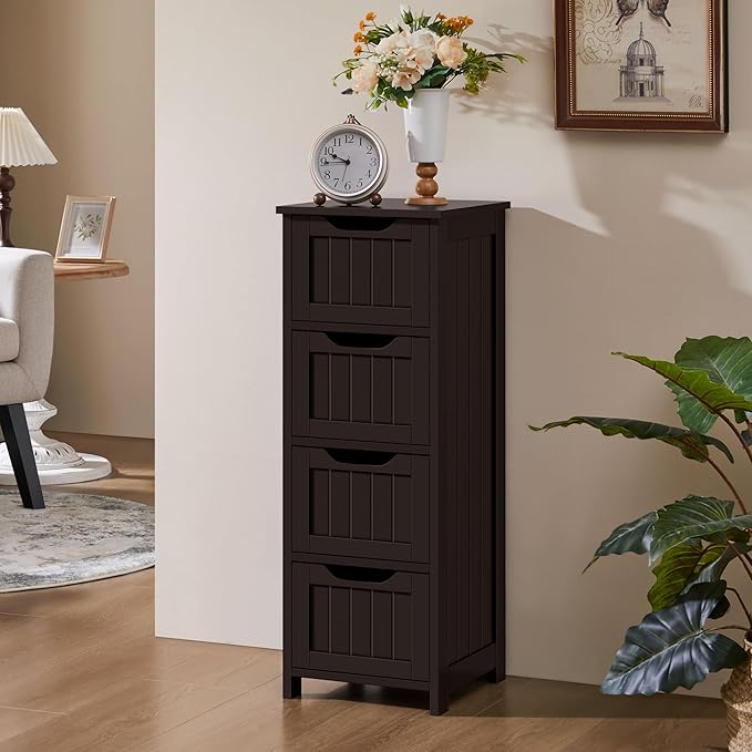 Yaheetech Bathroom Floor Cabinet, Wooden Side Storage Organizer, 4 Drawers Free-Standing Cabinet for Bathroom/Hallway/Living Room, Espresso
