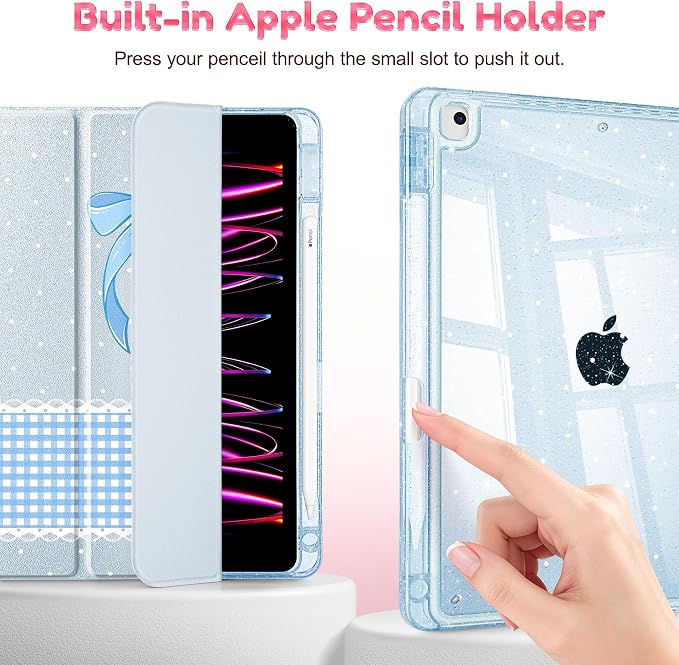 Mektron Sparkly Case for iPad 10.2 inch Glitter Tablet Cases for iPad 9th Gen 2021/8th Gen 2020/7th Gen 2019 Cover with Shiny Clear Back Shell Foldable Bling Smart Cover Blue Floral