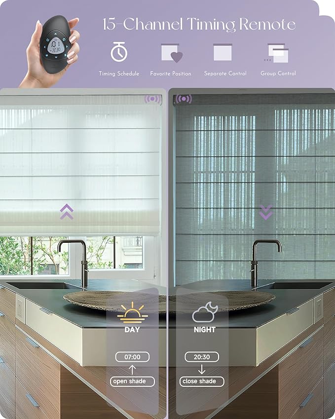 Graywind Smart Natural Roman Shades Compatible with Alexa Google Rechargeable Light Filtering Motorized Blinds with Remote Plain Fold for Doors Bedroom, Custom Size (Strip White)
