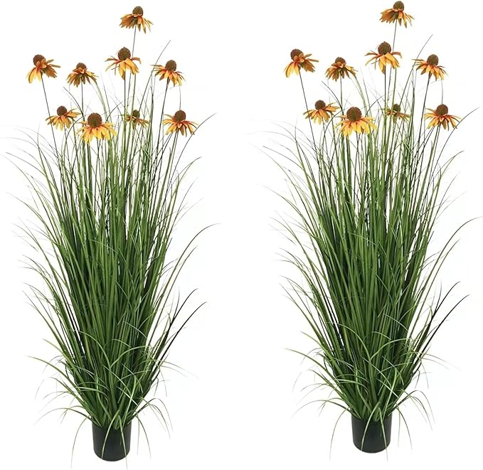 46" UV Resistant Artificial Grass Plant with 9 Realistic Yellow Echinacea Flowers - Indoor/Outdoor Fake Plants for Patio, Living Room, Porch Decor - All Weather Faux Floor Plant 2-Pack