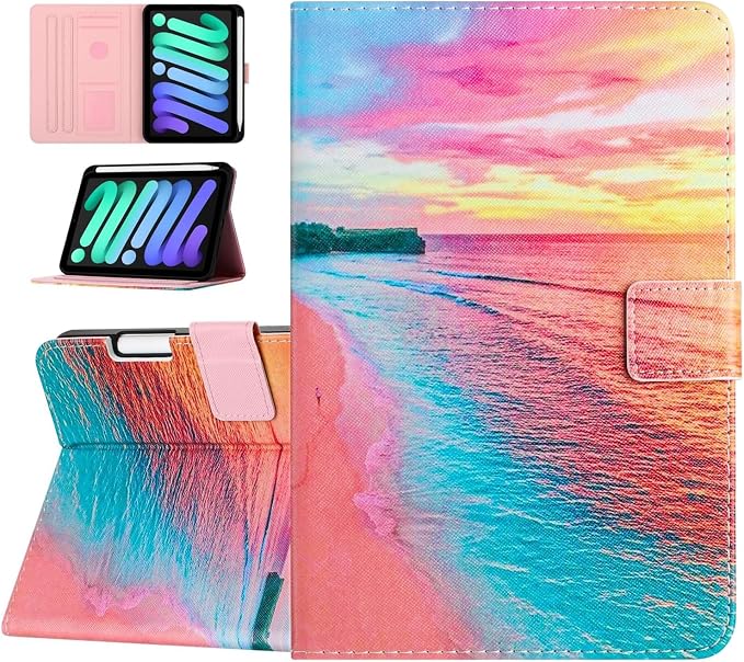 Case for iPad mini 7 A17 Pro &amp iPad mini 6 (2024/2021) Built-in Pencil Holder Premium PU Leather Folio Stand Smart Protective Cover Multi-Viewing Angles and Auto Wake/Sleep - Beach