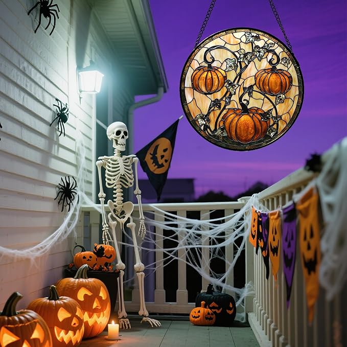 Stained Glass Window Hanging - Halloween Decoration Orange Pumpkin Vine Leaves Suncatcher for Door Garden Spooky Sun Catchers Gothic Decor Horror Gifts for Women Men Friend Boy Girl 15 in