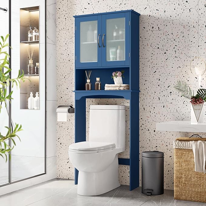 Yaheetech Over The Toilet Storage Cabinet, Free Standing Toilet Rack with Adjustable Shelves and Tempered Glass Doors for Bathroom Washroom, Navy Blue
