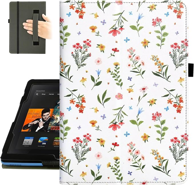 Fancity Case for Kindle Fire HD 10/10 Plus 13th/11th Generation 2023/2021 | Premium PU Leather Protective Case with Adjustable Angles Auto Wake/Sleep Hand Strap for Fire HD 10/10 Plus Black Floral