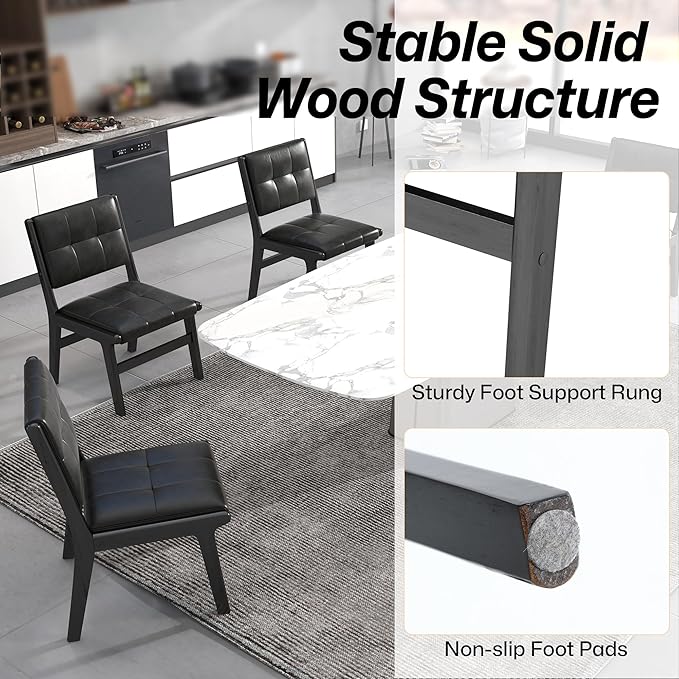 KCC Modern PU Leather Dining Chairs Set of 6, Upholstered Kitchen Chairs with Solid Wood Legs and Comfortable Seat for Dining Room/Lounge/Bedroom(Black)