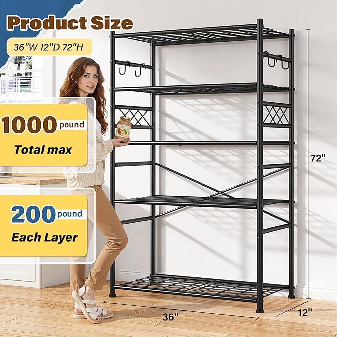 Storage Shelves 5-Tier Large Capacity Wire Shelving with Hooks, Heavy Duty Garage Shelving Unit with Leveling Feet, Stable Metal Shelf for Pantry, Kitchen and Closet, 72" H x 36" W x 12" D, Black