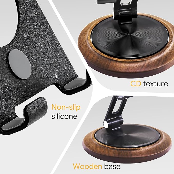 Dual Folding Phone Desk Stand Wood Black | Adjustable Foldable Beside Phone Holder