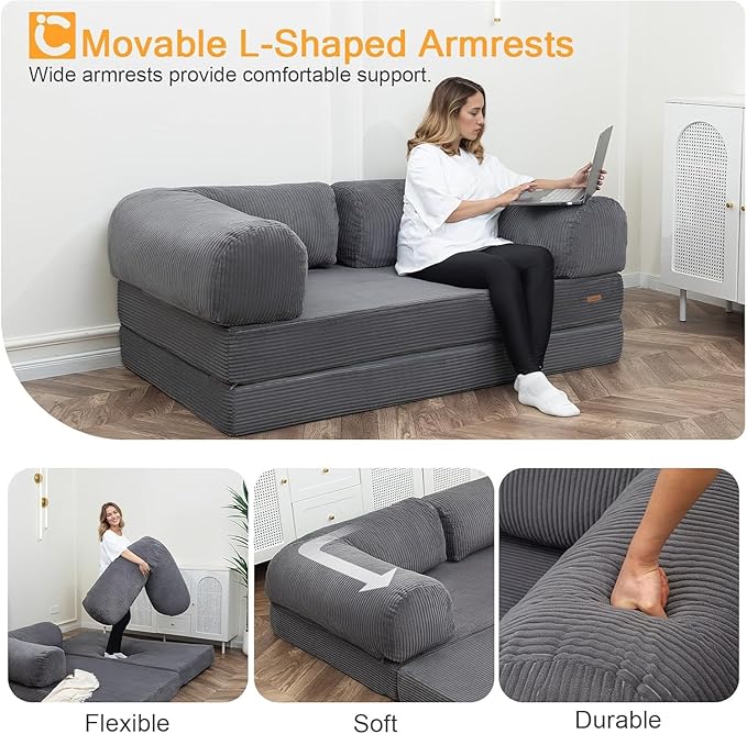 COMAX Futon Sofa Bed, 4-in-1 Floor Foldable Sofa Couch Queen with L-Shaped Armrests, Convertible Folding Chair Bed Sleeper Mattress Fold Out Comfy Lounge for Living Room Bedroom, Grey