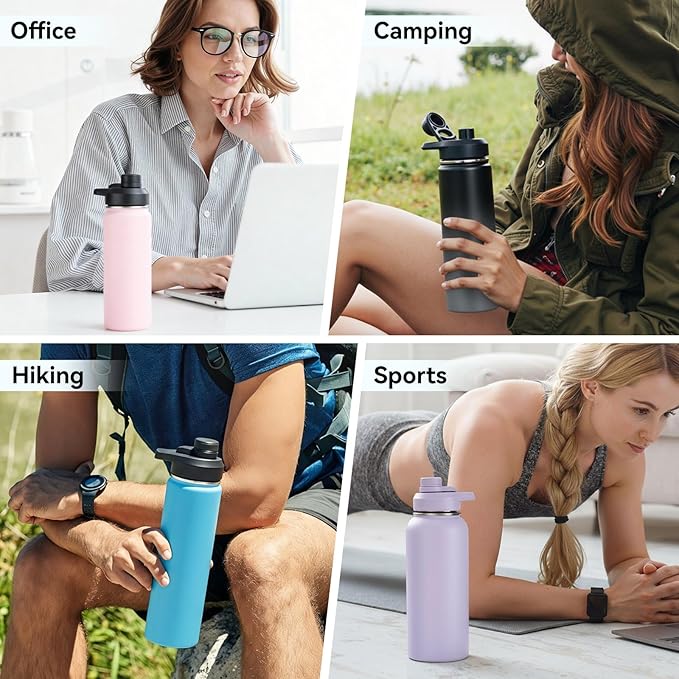 32 oz Insulated Water Bottle with Handle, 304 Stainless Steel Water Bottles with Wide Mouth, Double Wall Vacuum Sports Water Bottle, BPA Free, Keep Cold and Hot, Purple