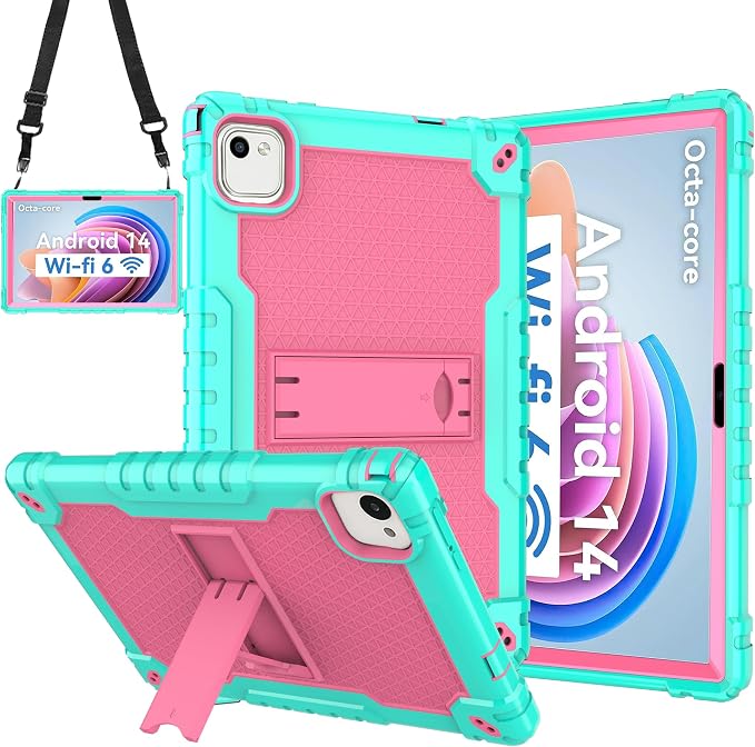 for HNVHNV/Aiprotablet/kelankeke K10 Tablet 10 inch Android Tablets Case Built in Kickstand Heavy Duty Hybrid Protective Case Hard Back Shell Case with Shoulder Strap (Black)