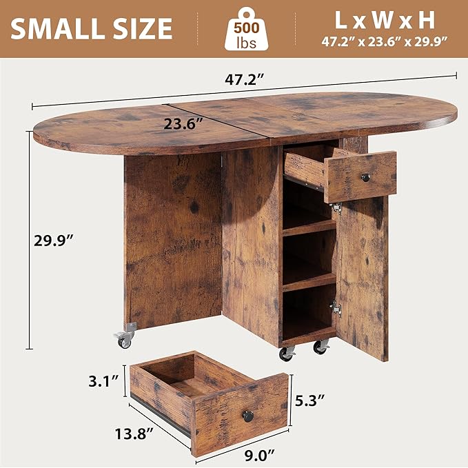 Folding Dining Table for 4 Kitchen Dining Room DinnerTable with Storage Drawer Space Saving Oval Foldable Drop Leaf Gateleg Furniture for Small Space (Vintage, 47 * 23.6 * 30)