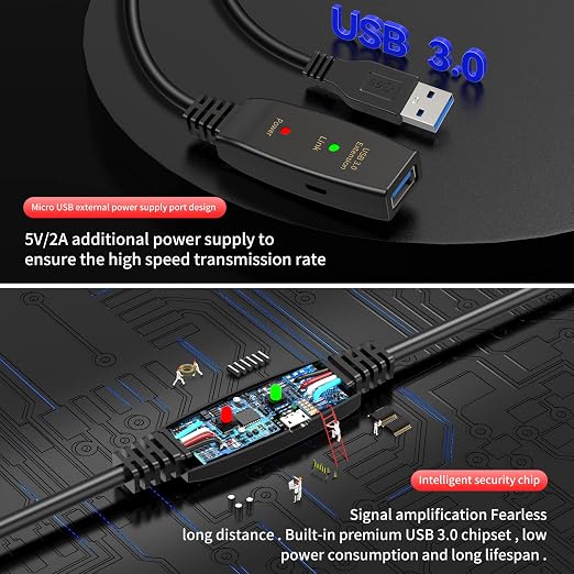100ft Active USB 3.0 Extension Cable Male to Female USB Extender with 3 Signal Boosters SuperSpeed 5Gbps Data Cord (Micro USB Power Cable Included) for Webcams Printers VR Security Cameras