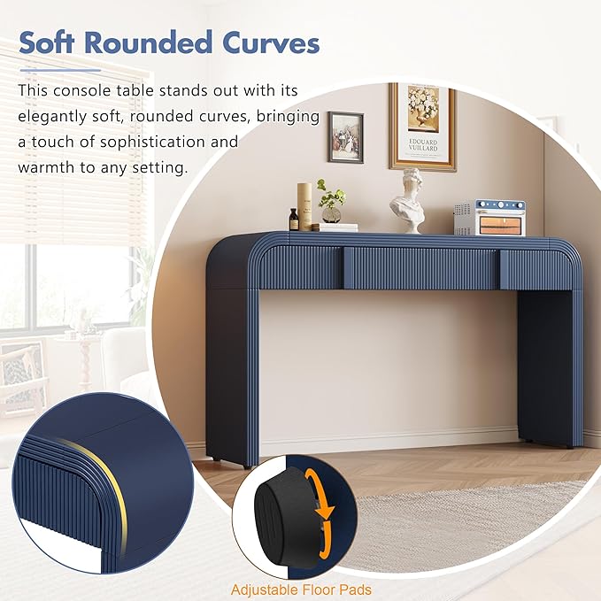 Modern Curved Entryway Console Table 55-Inch Entry Sofa Table with Storage Drawers for Living Room Entrance Hallway Accent Furniture (Navy Blue)