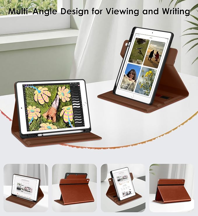DTTO for iPad 9th/8th/7th Gen Case 10.2 Inch (2021/2020/2019) Brown | 360 Degree Rotating Premium Faux Leather Folio Stand Cover with Pencil Holder Auto Sleep/Wake Multiple Angles Hand Strap