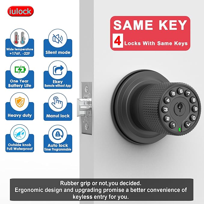 iulock Smart Door Knob with Keypad and Key,Keyless Entry Door Lock with Rubber Grip, Auto Lock,50 User Code,Waterproof, Easy to Install and Program for Bedroom (Matte Black Same Key 4 Pack)