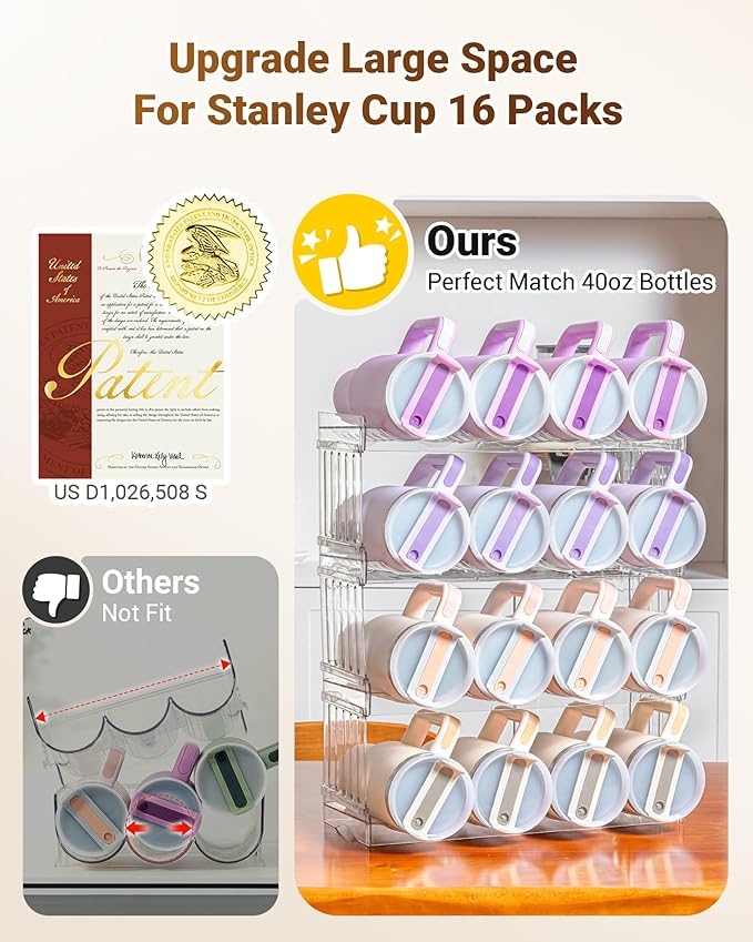 Upgraded Larger Tumbler Organizer for Stanley Cup 40 oz with Handle, Kitchen Storage for Stanley Cup Accessories, Pantry Organizers and Storage for Tumbler Mug Cup Gifts (Larger-16-bottle)