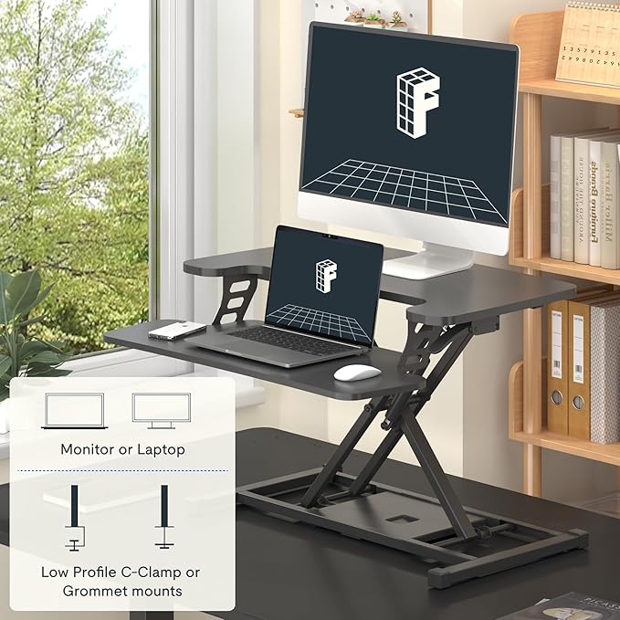 FLEXISPOT Standing Desk Converter 28" Wide Height Adjustable Sit Stand Riser, Small Size Desktop Workstation with Keyboard Tray for Home and Office, Black