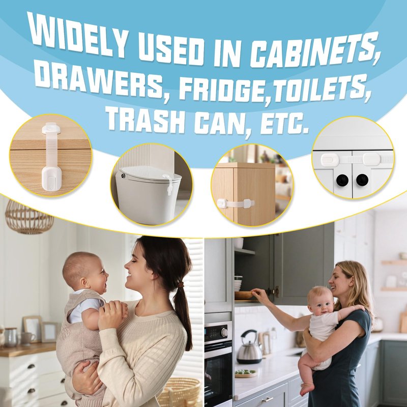 Baby Safety Strap Locks 10 Pack - Cabinet Locks Baby Proofing for Baby Proofing Cabinets & Drawers, Child Proof Cabinet Locks, Fridge Lock & Oven Lock Child Safety, Adjustable No Drill, White