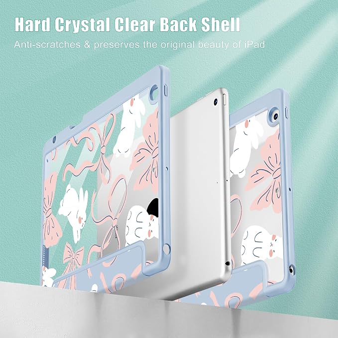 Case for iPad 9th/8th/7th Generation 10.2-Inch (2021/2020/2019 Release) with [Built-in Pencil Holder] Shockproof Cover with Clear Transparent Back Shell &amp Auto Wake/Sleep - Blue Bows