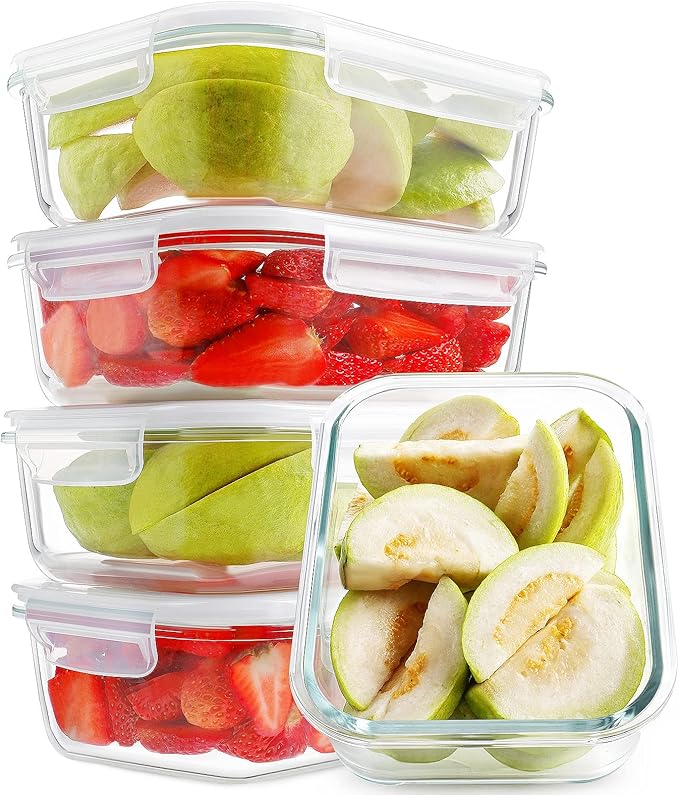 HOMBERKING Large Glass Meal Prep Containers, 5 Sets 35oz | 4.5cups, Food Storage With Lids, Airtight Bento Boxes, BPA Free & Leak Proof (5 Lids & 5 Containers)