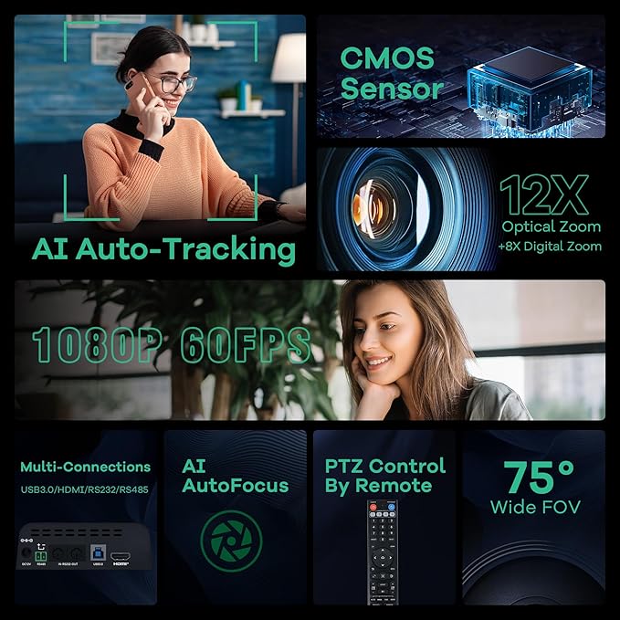 TONGVEO PTZ Camera AI Auto Tracking 12X Optical Zoom Conference Room Camera Wide View HDMI/USB3.0 60fps 1080P Video Conference for Church Worship Meeting Online Learn with Zoom YouTube OBS and More