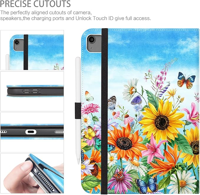 Case for iPad Air 13-inch M4/M3/M2 iPad Pro 12.9 6th/5th/4th/3rd Generation Case with Pencil Holder Multi-Angle Adjustable Stand Shockproof Pocket/Hand Strap/Auto Wake Sleep Sunflowers Butterfly
