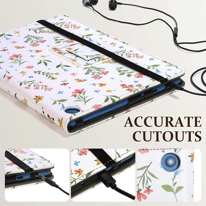 Fancity Case for Kindle Fire HD 10/10 Plus 13th/11th Generation 2023/2021 | Premium PU Leather Protective Case with Adjustable Angles Auto Wake/Sleep Hand Strap for Fire HD 10/10 Plus Black Floral