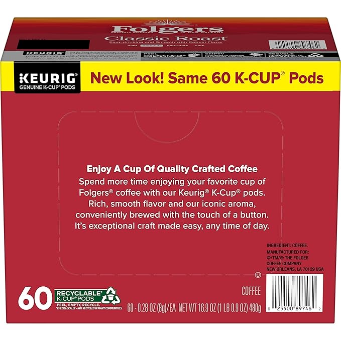 Folgers Classic Roast Coffee, Medium Roast, Keurig K-Cup Pods, 60 Count