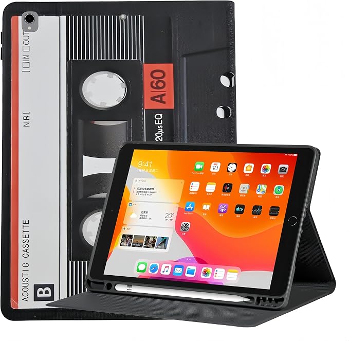 Case for iPad 9th/8th/7th Generation 10.2 Inch 2021/2020/2019 Folio PU Leather Soft TPU Back Cover Multi-Angle Stand Auto Wake/Sleep Smart Case Audio Cassette Tape