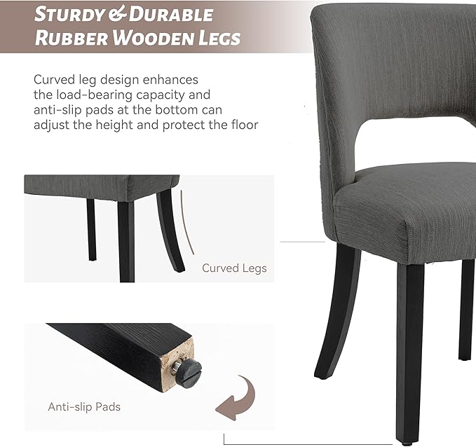 VKNOW Wooden Dining Chairs Set of 2, Modern Fabric Upholstered Dining Room Chair Kitchen Chairs, Farmhouse Dinner Chair for Kitchen Dining Room, Dark Grey-Black Legs
