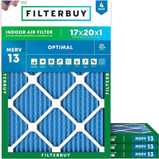 Filterbuy 17x20x1 Air Filter MERV 13 Optimal Smoke & Allergy Defense,