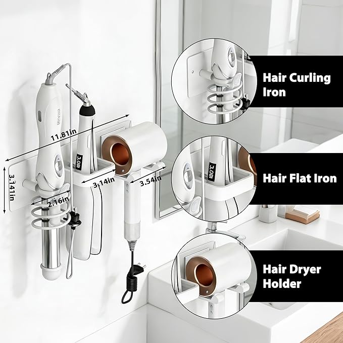 Dovyn Blow Dryer Holder Wall Mount, 3 in 1 Bathroom Hair Tool Organizer with Curling Iron Holder & Flat Iron Holder, Universal Hair Dryer Holder Rack Storage White